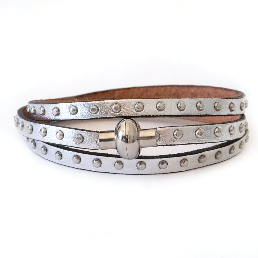 Leather Rainbow Bracelet - Studded Silver
